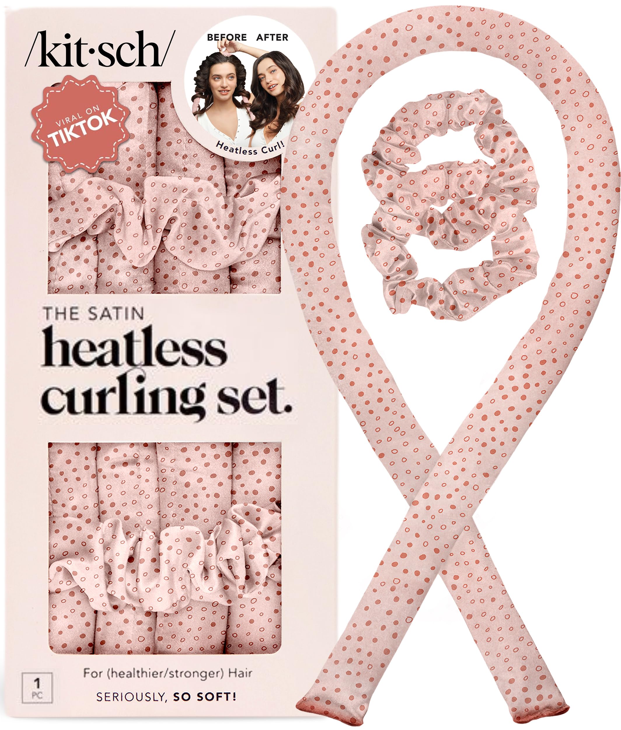 Kitsch Heatless Curling Set - Satin Heatless Curler, Heatless Curlers for Long & Short Hair, Hair Curler No Heat for Heatless Curls, Overnight Curls with 2 Satin Scrunchies & Blowout Rod - Micro Dot