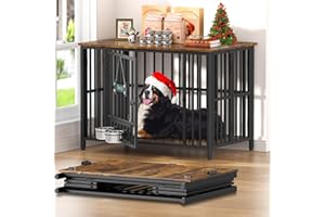 Easycom 41" Dog Crate Furniture Foldable, No Assembly Decorative Dog Kennel Indoor, Dog Crates for Large Dogs(35-60 lb), Wooden Dog Cage with Adjustable Bowls and Name Tag, End Table, Rustic Brown