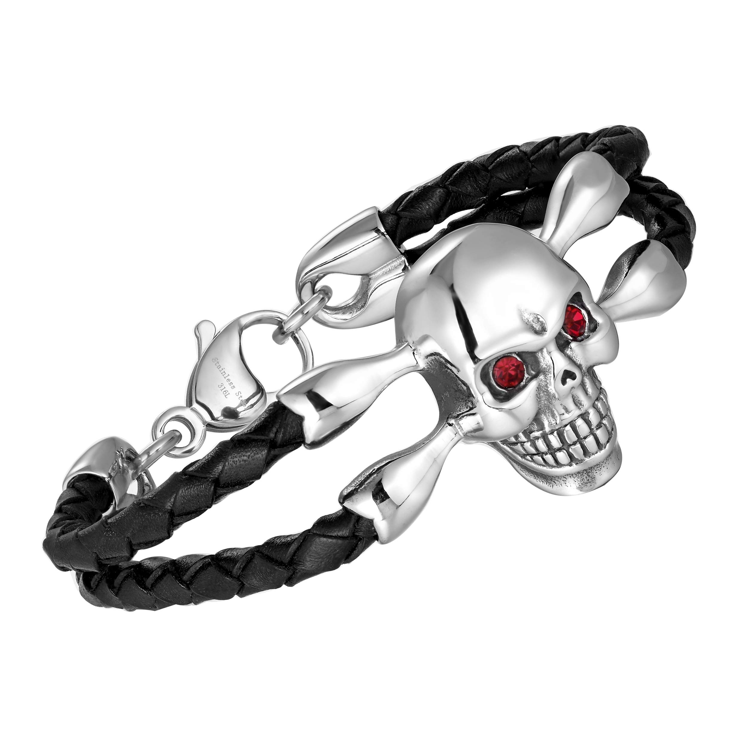 Bold Men’s Biker Bracelet – Skull, Wolf, and Foxtail Chain Designs in Polished Silver & Black Genuine Leather – Rust & Discoloration Resistant Stainless Steel – Jewelry Gift or Accessory for Men, 7.87