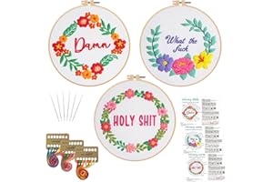 Louise Maelys 3 Sets Funny Embroidery Kits for Beginners,Cross Stitch Kit for Adults,DIY Needlepoint for Starters Including Wreath Flower Pattern, Hoop,Instruction and Threads