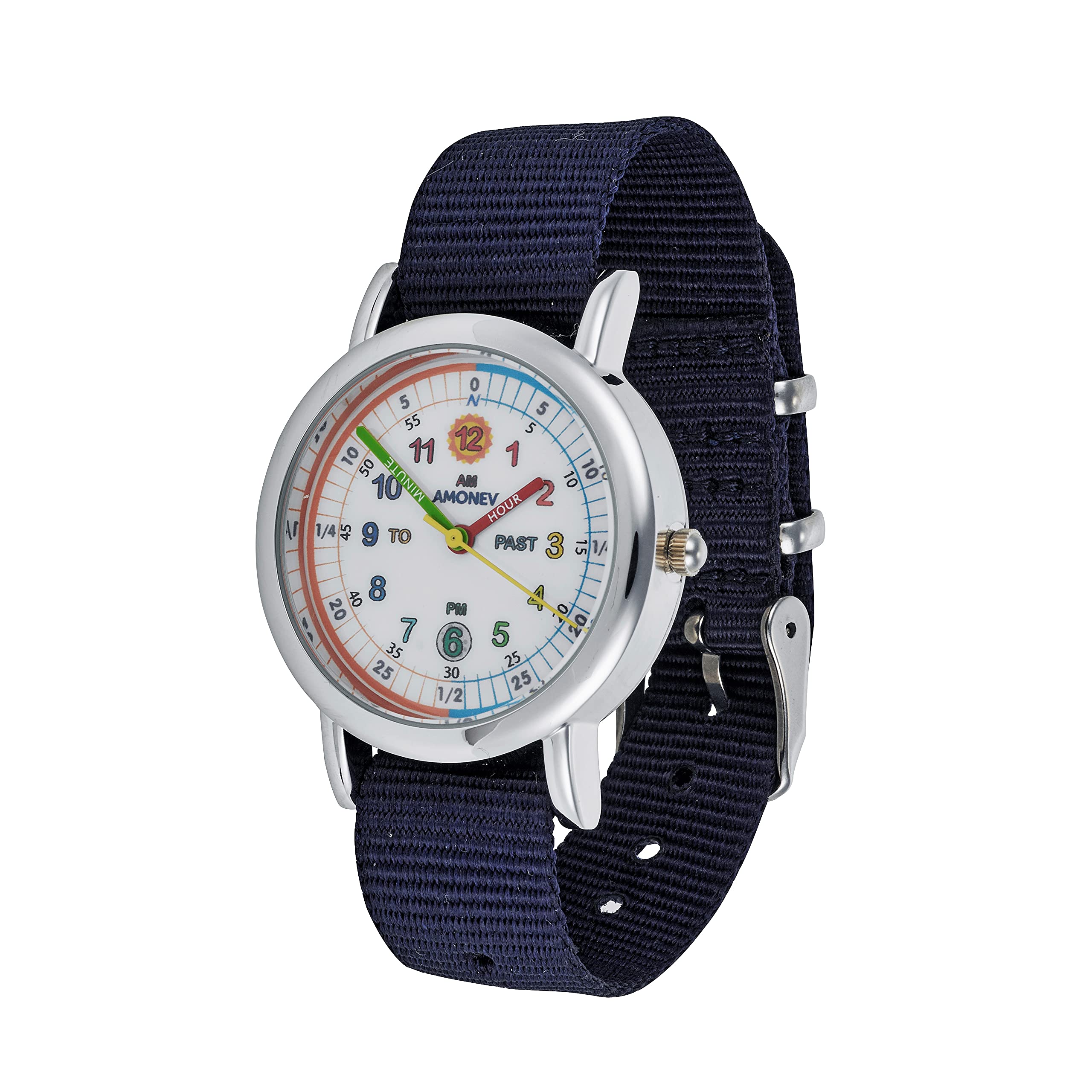 Amonev Time Teacher Watch, Easy to Read Analogue Watch with Colourful Nylon Strap, Learn to Tell The Time - Ideal for School Children