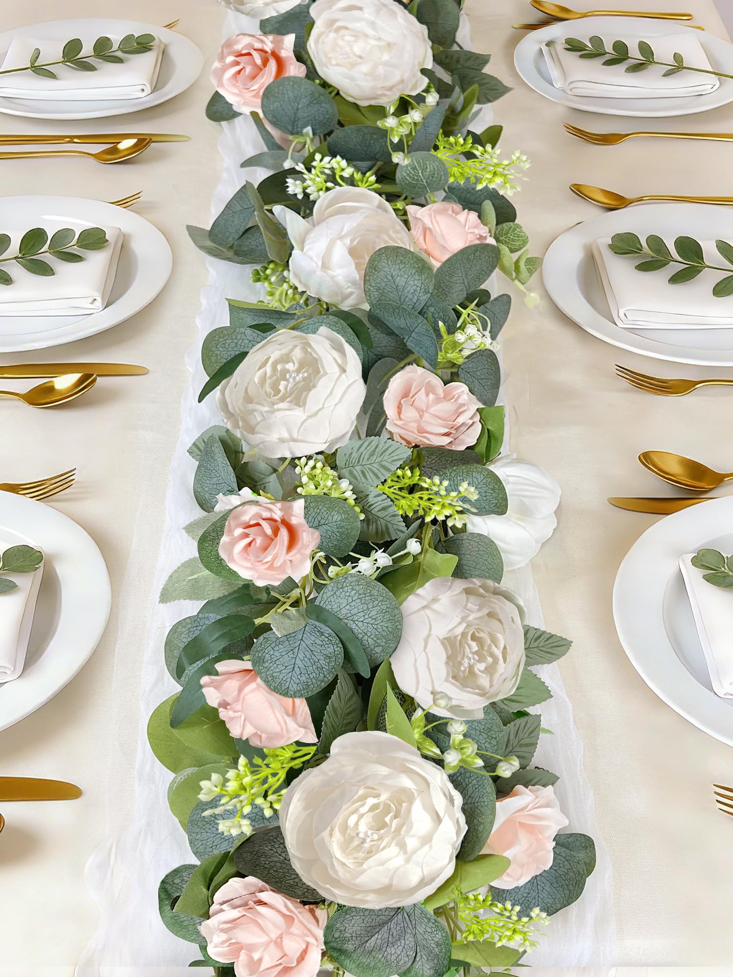Photo 1 of 2 Pack 13Ft Artificial Eucalyptus Flower Garland with 16 White Peony Pink Rose, Baby Breath Fake Flowers Greenery Garland Floral Vine for Mantle Wedding Table Runner Centerpiece Backdrop Home Decor