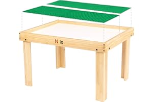 NILO Kids Play Table Set with 2 Compatible Lego Duplo Detachable Two-Sided Baseplates/Boards/Mats (N34 Activity Table Without Holes, 24x32x20 and 2X Green Base Plates 12x32)
