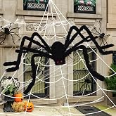 Halloween Decorations 200" Spider Web Outdoor +59" Giant Faker Spider D&eacute;cor | Halloween D&eacute;cor Outdoor Indoor, Triangular Huge Spiders Web, Bonus Stretch Cobwebs, Scary Red Eyes, Yard Home Haunted House