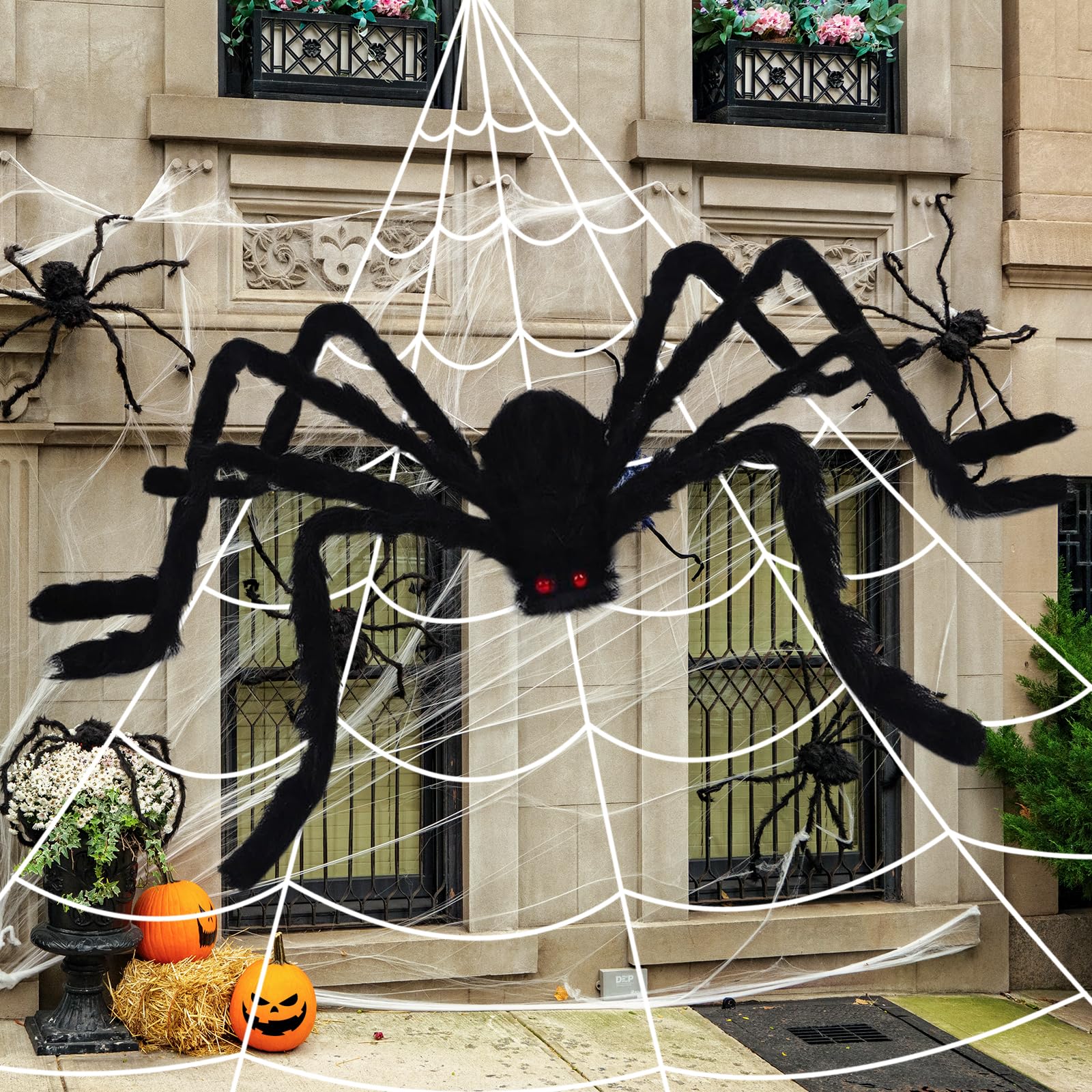 Photo 1 of 16.5Ft Giant Spider Web + 5Ft Hairy Spider & Stretch Cobwebs - CJYGEGE Halloween Decorations Scary Fake Spider with Triangular Huge Spider Web Large Props for Outdoor Indoor Haunted House Porch Yard