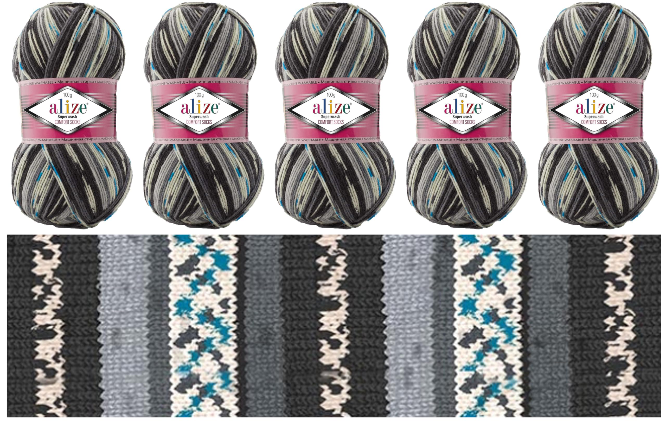 Alize Sock Yarn 5x100g Superwash Comfort Socks Wool 420 m Batik Self-Patterning Multicolour Yarn for Knitting and Crochet Sweater Vest Cardigan Blouse Scarve Hat Beanie Bootie Mitten Beret (7650)