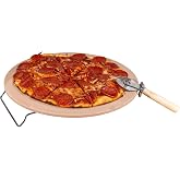 Classic Cuisine Round Pizza Stone with Cutter, 15&rdquo; | Pizza Stone for Oven or Grill with Cutter and Metal Serving Rack/Handles, Oven Accessories