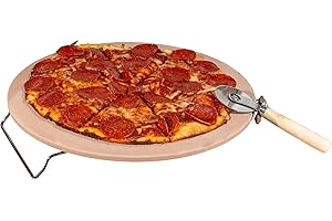Pizza Stone - 15-Inch Pizza Stone for Oven or Grill with Cutter and Metal Serving Rack/Handles - Oven Accessories by Classic Cuisine