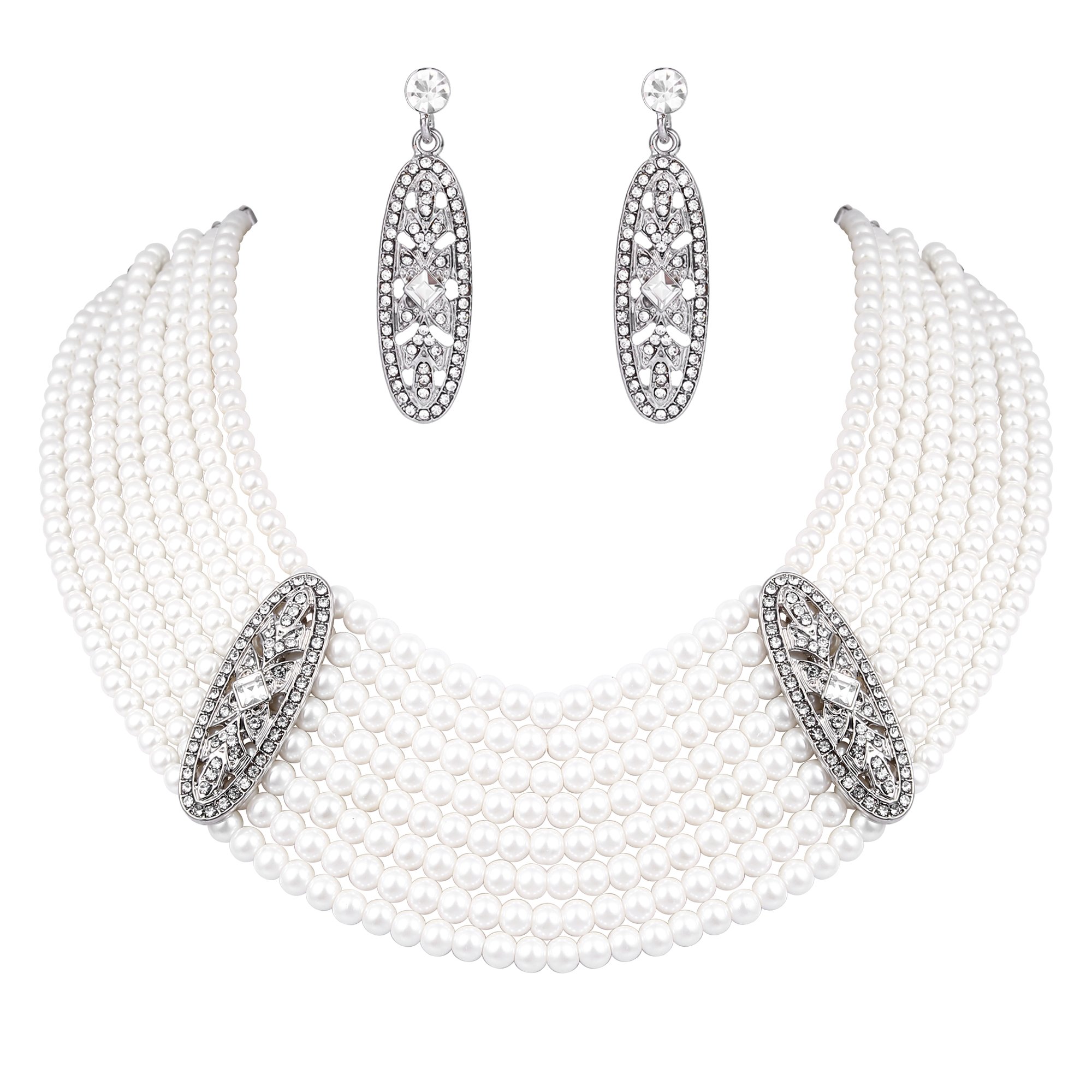 Ever Faith Austrian Crystal Simulated Pearl Wedding Vintage Style Layers Chunky Necklace Earrings Set Clear Silver-Tone