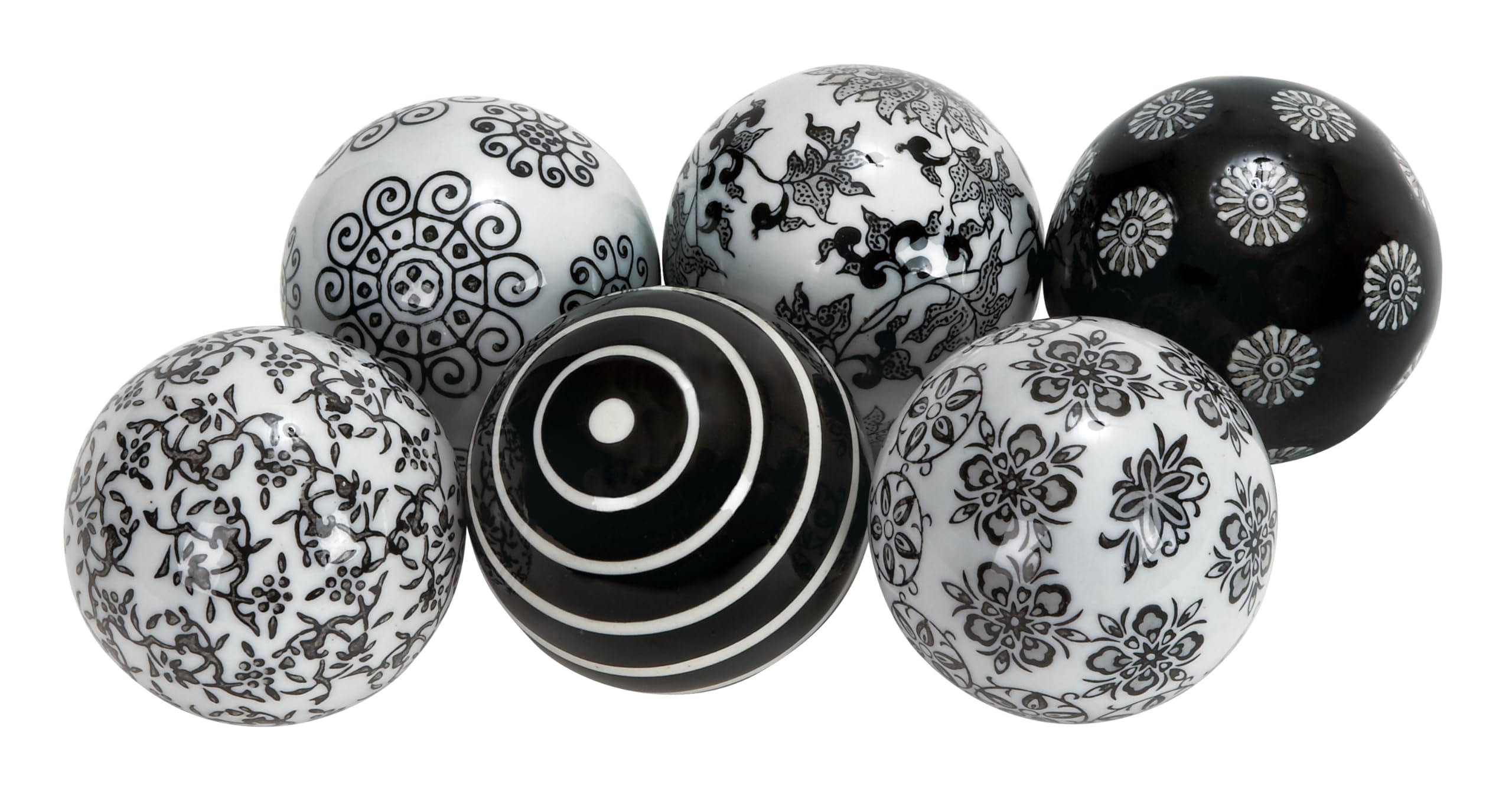 Deco 79 Ceramic Handmade Glossy Decorative Ball Orbs and Vase Filler with Varying Patterns, Set of 6 3 InchD, Black