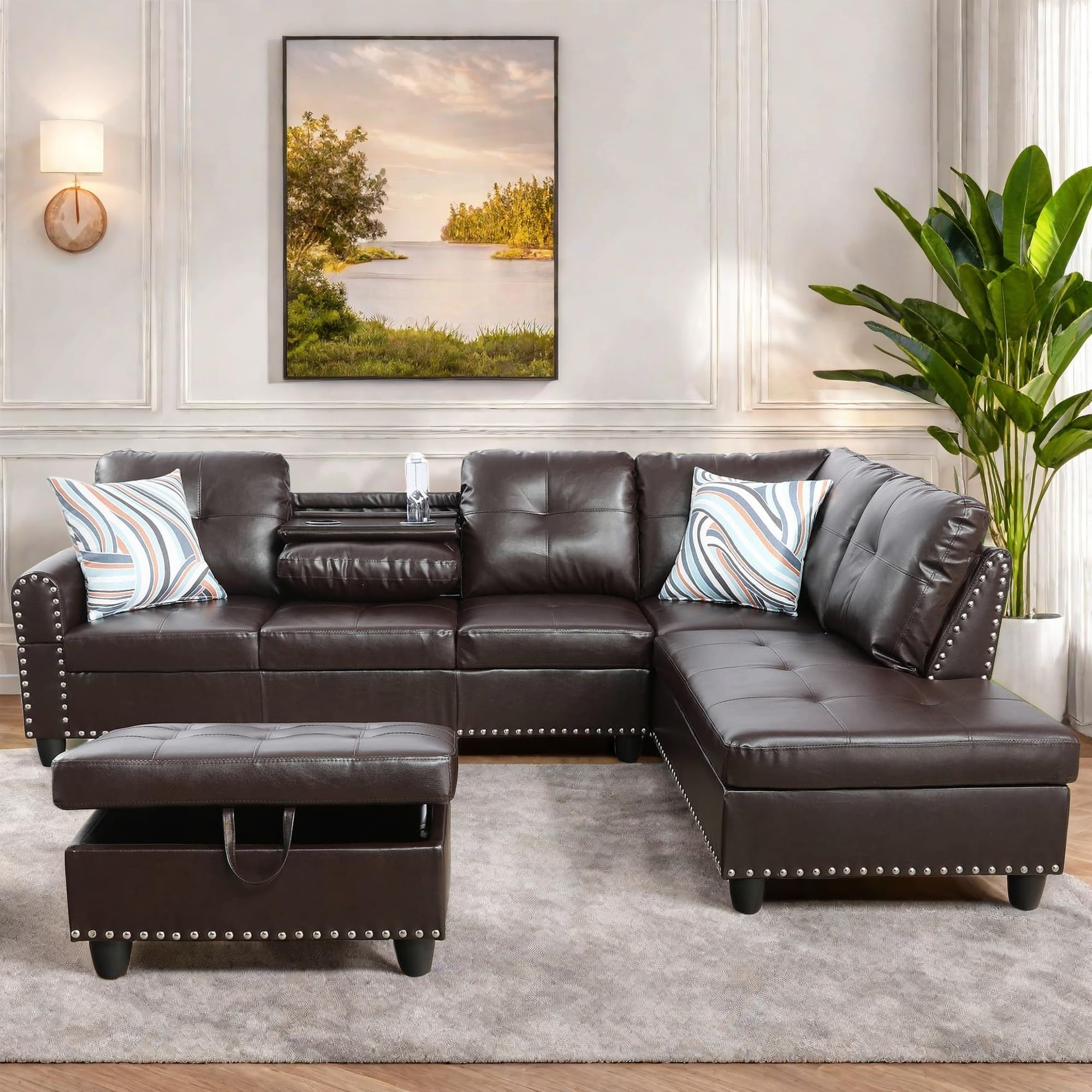 Photo 1 of FONTOI Leather Sectional Couch with Otttoman, 97" L Shaped Couch Sectional Sofa for Living Room, Modern Modular Couches with Cup Holders for Bedroom, Apartments, Brown **BOX 1 OF 3** 