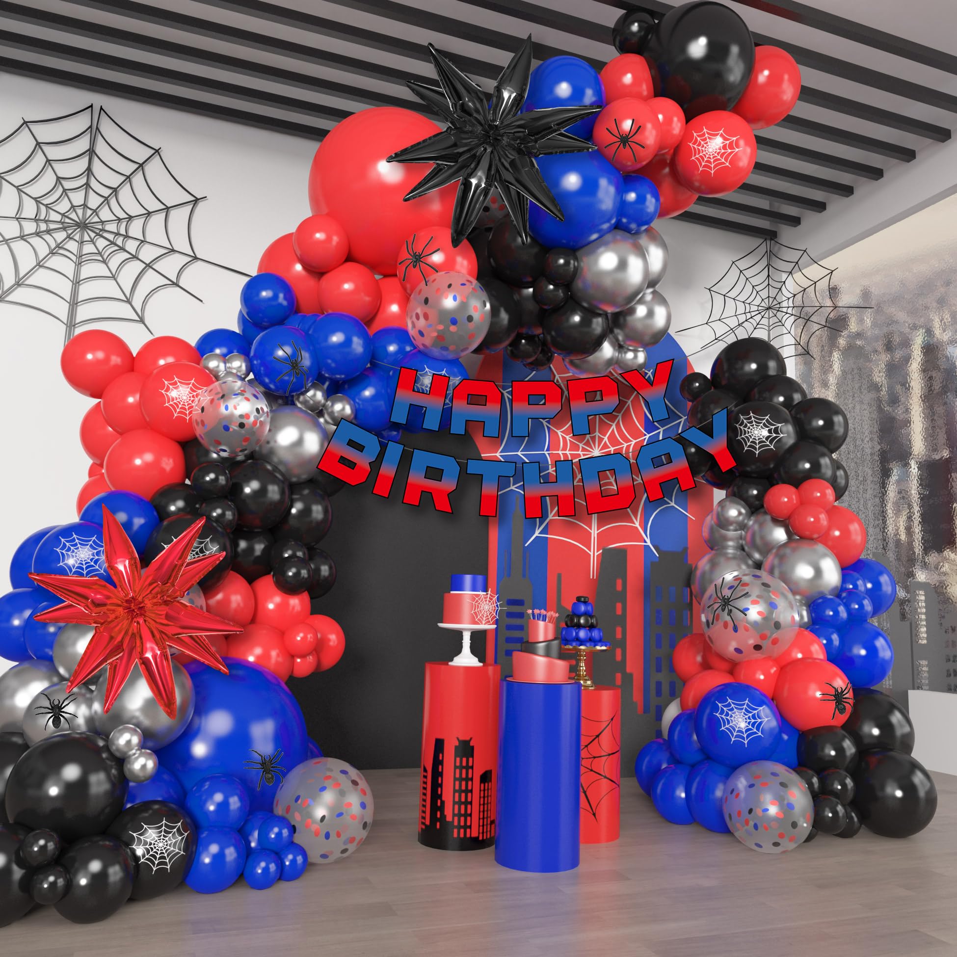 Photo 1 of 162Pcs Black Red and Blue Balloon Arch Garland Kit, Spider Theme Party Decorations with Star Foil Balloons Happy Birthday Banner for Man Boy Kids Spider Baby Shower Birthday Party Decor Supplies