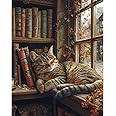 Sleeping Cat Paint by Numbers Kit for Adults - Bookshelf Paint by Numbers for Adults Beginner, DIY Acrylic EasyPainting by Number on Canvas Home Wall Decor 16”W x 20”L