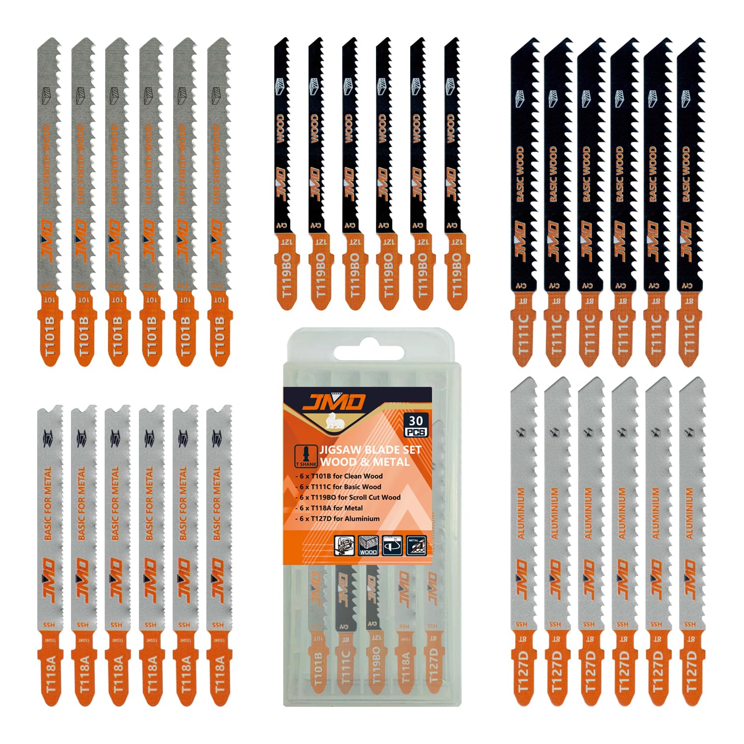 JMD 30-Piece Mixed Jigsaw Blades Set T101B T111C T119BO T118A T127D for Wood Metal Plastic Cutting Jig Saw Blade with Storage Case for Curved Wood Cutting