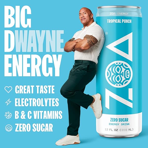 ZOA ZERO SUGAR ENERGY DRINKS, TROPICAL PUNCH – SUGAR FREE WITH ELECTROLYTES, HEALTHY VITAMIN C, AMINO ACIDS, ESSENTIAL B-VITAMINS, AND CAFFEINE FROM GREEN TEA – 12 FL OZ (12-PACK)
