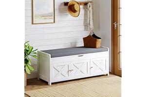 Pipishell 2-Tier Shoe Storage Bench with Cushioned Seat, Entryway Bench with Adjustable Shelf & Barn Doors, 300 lbs Capacity, 43.4" W x 16" D x 18" H, for Entryway, Bedroom, Living Room, White