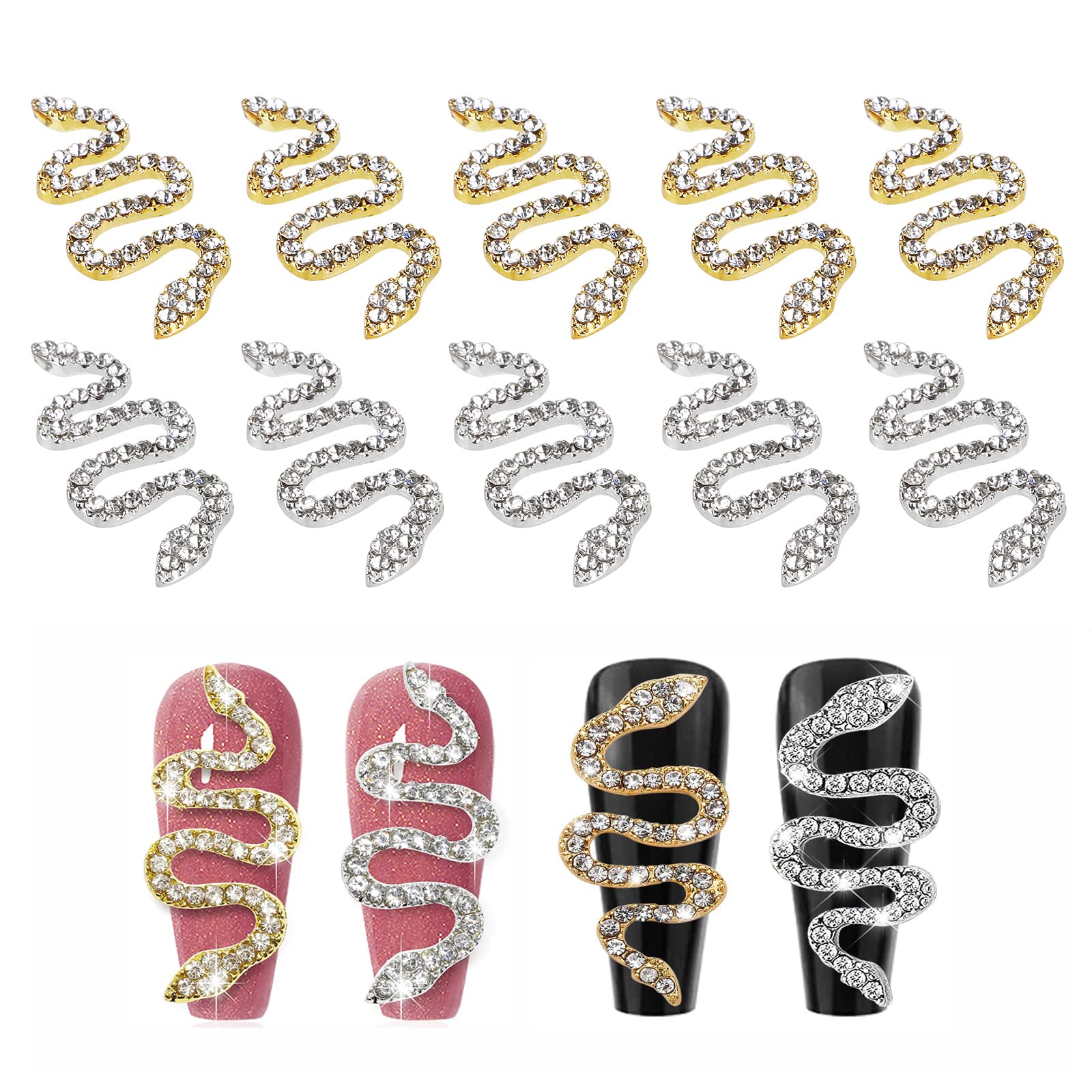 MWOOT 10 Pieces 3D Snake Nail Charms Set,Snake Wave Jewelry Gems Nail Art Accessories for Acrylic Nails, Rhinestones Nail Decorations Kit for Women Girls Manicure Salon (Gold + Silver)