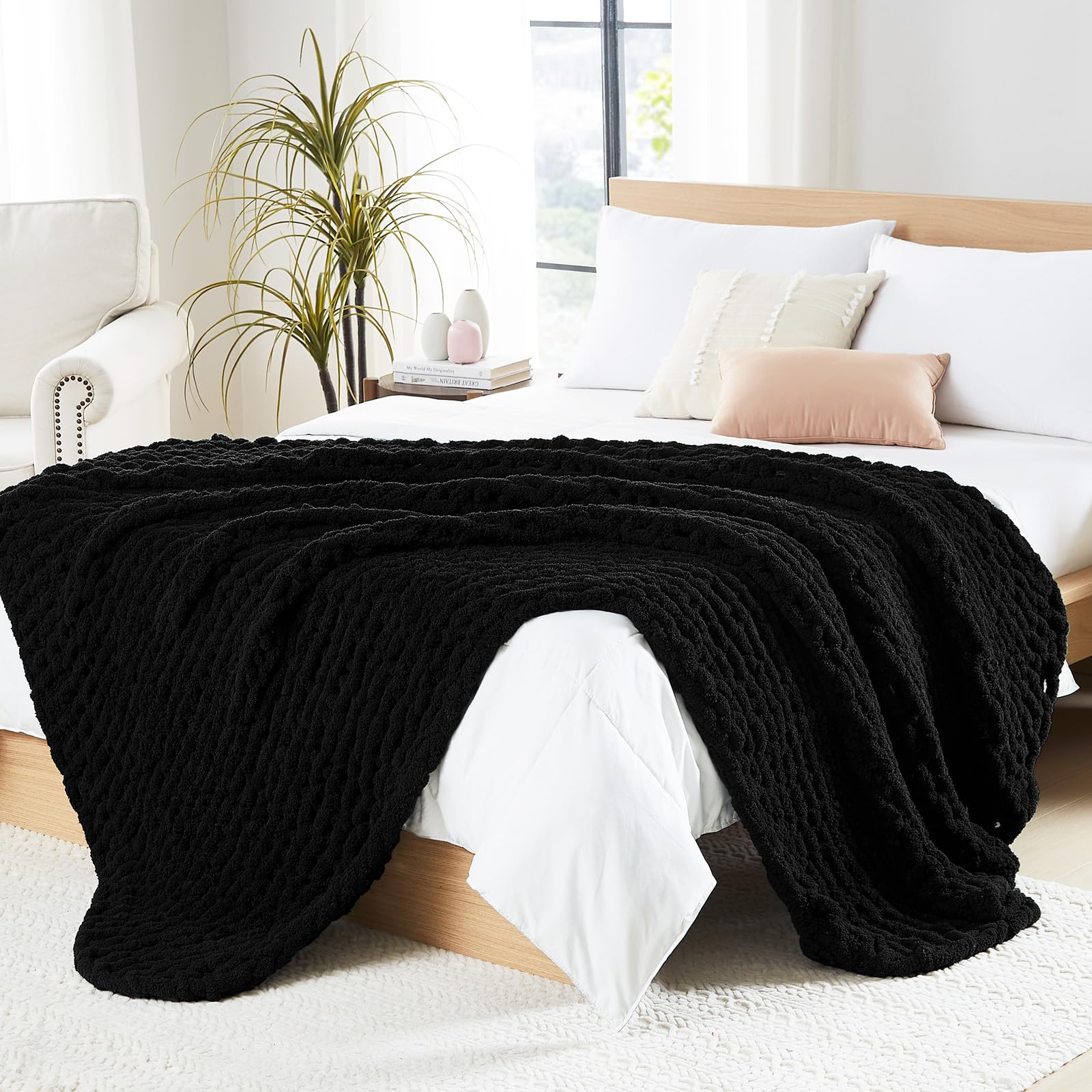 Photo 1 of L'AGRATY Chunky Knit Blanket Throw: Soft Chenille Yarn Throw Blanket 50x60 - Handmade Thick Cable Crochet Blanket - Large Chunky Rope Throw Blanket for Couch Sofa Bed Home Decor(Black)