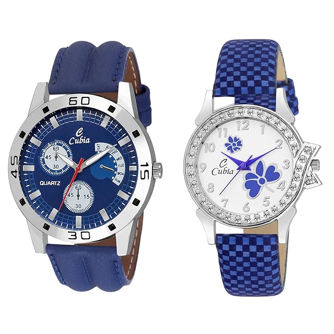 Cubia Quartz Movement Analogue Blue Dial Studded Couple Watch - Set of 2