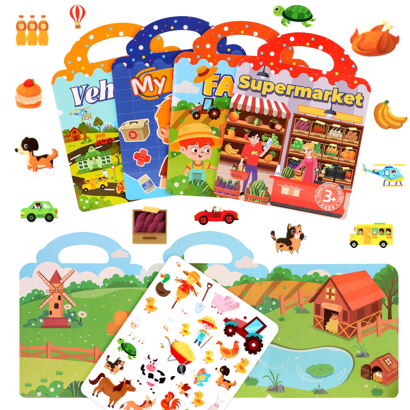 4 Pack Reusable Sticker Book, Sticker Books for 2 Year olds for Toddlers Age 2 3 4 Boys Girls Educational Learning Toy with Farm Supermarket Transportation Body Themes 3D Jelly Puffy Stickers Books