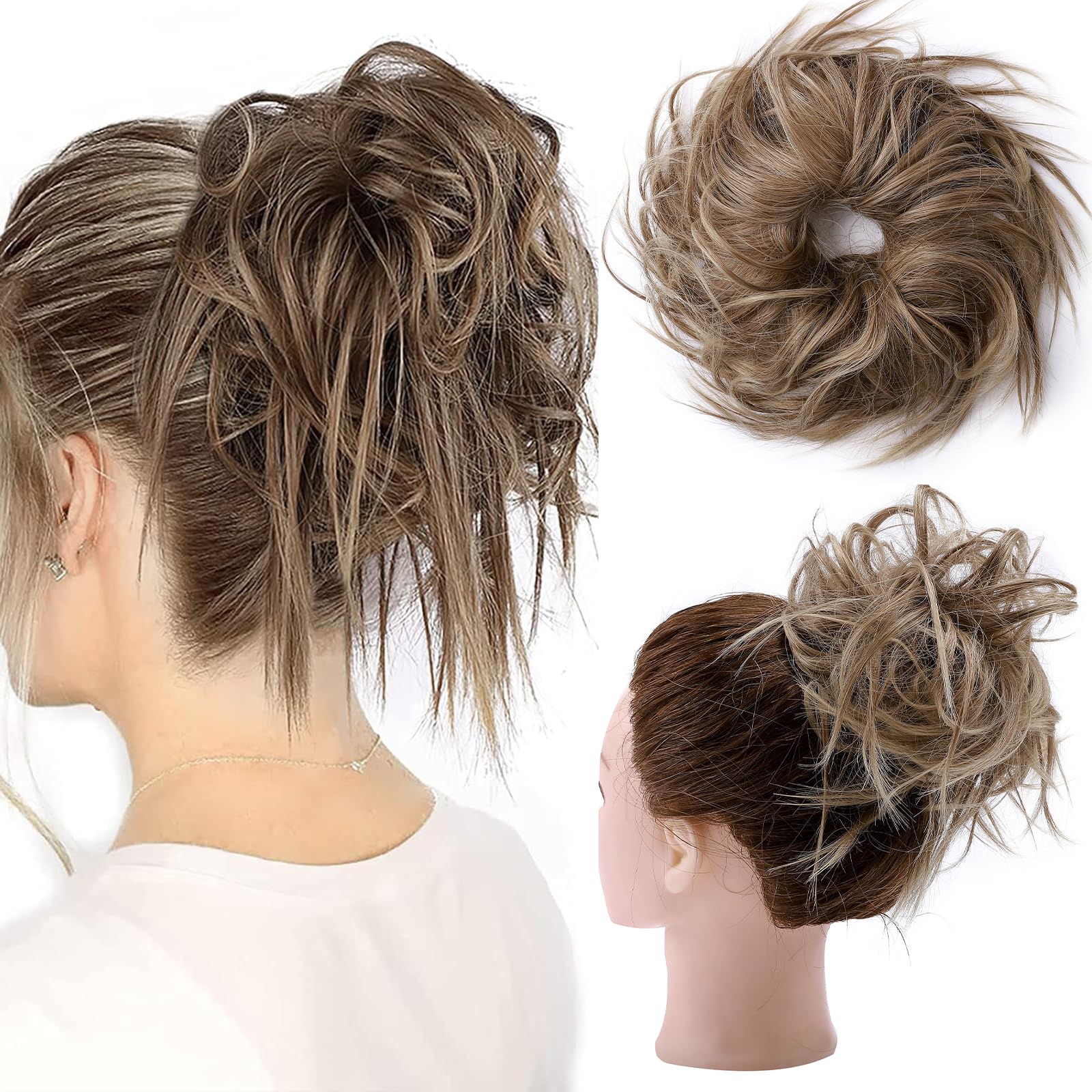 Fashion Tousled Hair Extensions Hairpiece Scrunchie Straight Elastic updo Scrunchy BUN Brown Blonde Instant Ponytail wig Hairdo Light Brown to Ash Blonde