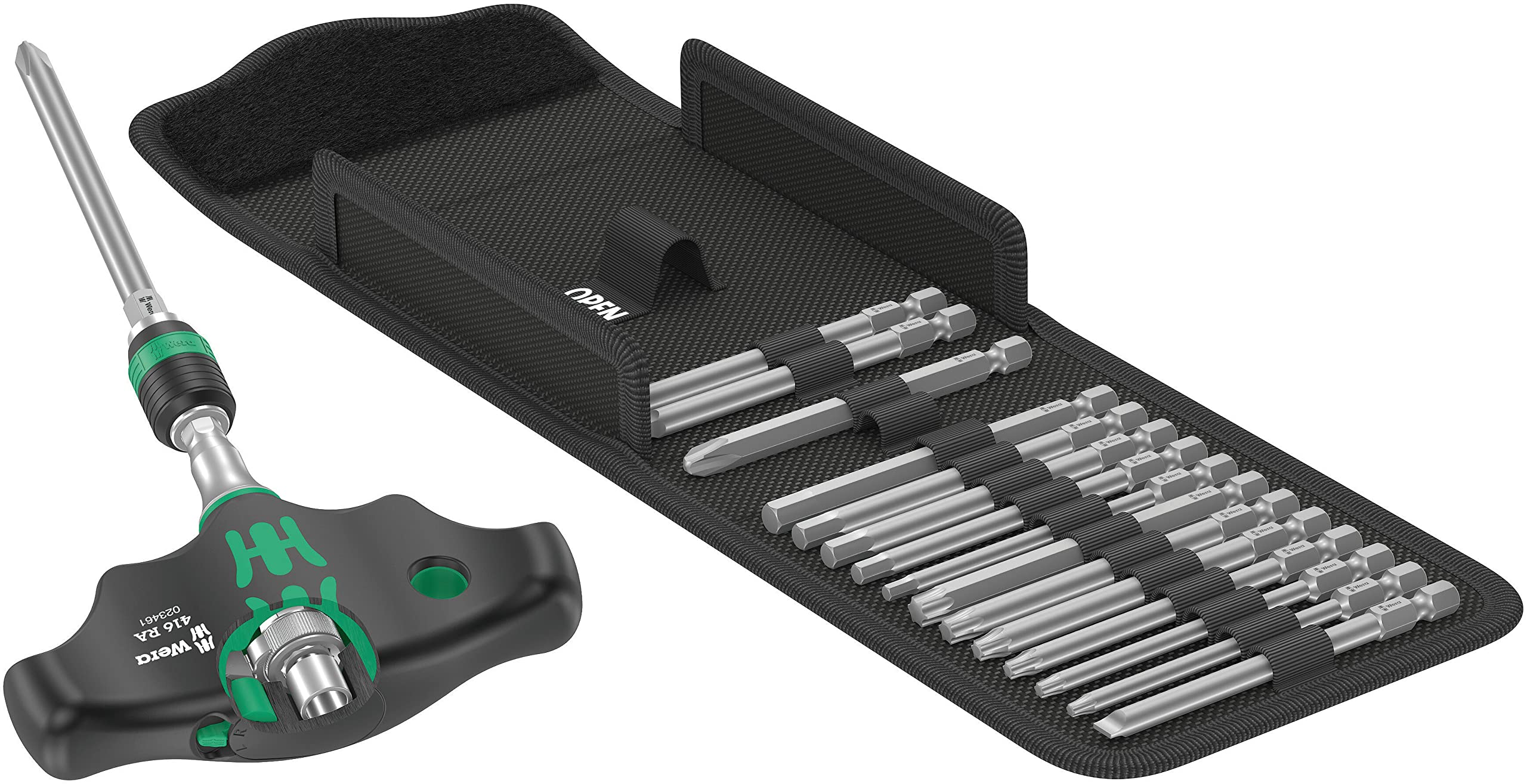 Wera 05057473001 Kraftform Kompakt 400 RA Imperial Set 1, Porte-embouts à poignée en T avec fonction cliquet et jeu d'embouts, 17 pièces, Black-Green, 17 Pieces