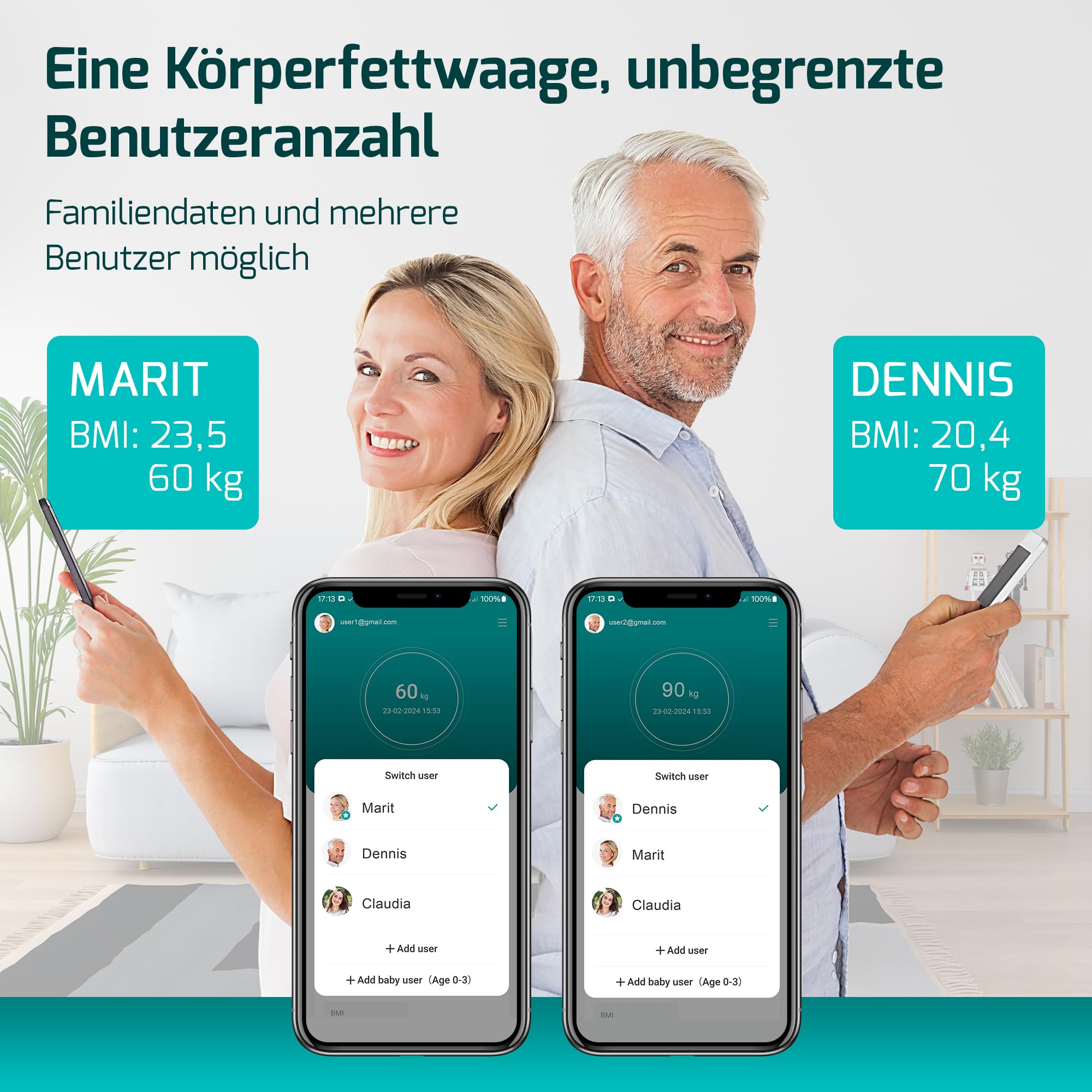 Personenwaage digital Testsieger 2025, Körperwaage bis 225kg, Körperfettwaage mit 17 Körpermesswerten, Körperanalyse mit App, Waage mit Körperfett und Muskelmasse mit großem LED-Display - Schwarz 3