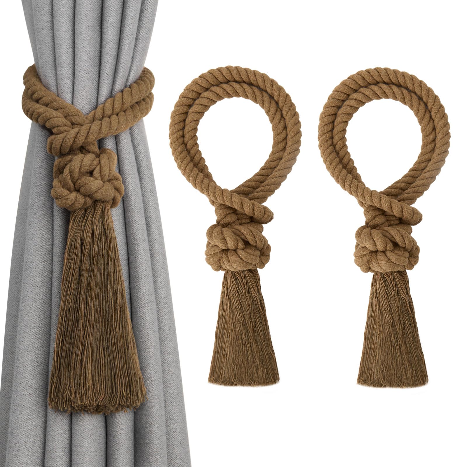 Pretty Jolly 2 Pack Natural Cotton Rope Tassel Curtain Tiebacks Boho Home Decor Drape Tie Backs Hand Woven Ball Curtain Holdbacks for Thin & Thick Home & Office Window Draperies (Khaki)