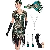 MTITE 1920s Flapper Dresses for Women, Great Gatsby Dresses Roaring 20s, Sheer Beaded Sleeves Costume with 20s accessories
