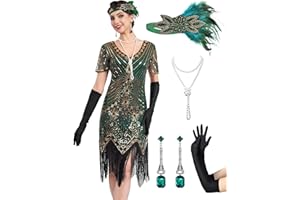 MTITE 1920s Flapper Dresses for Women, Great Gatsby Dresses Roaring 20s, Sheer Beaded Sleeves Costume with 20s accessories