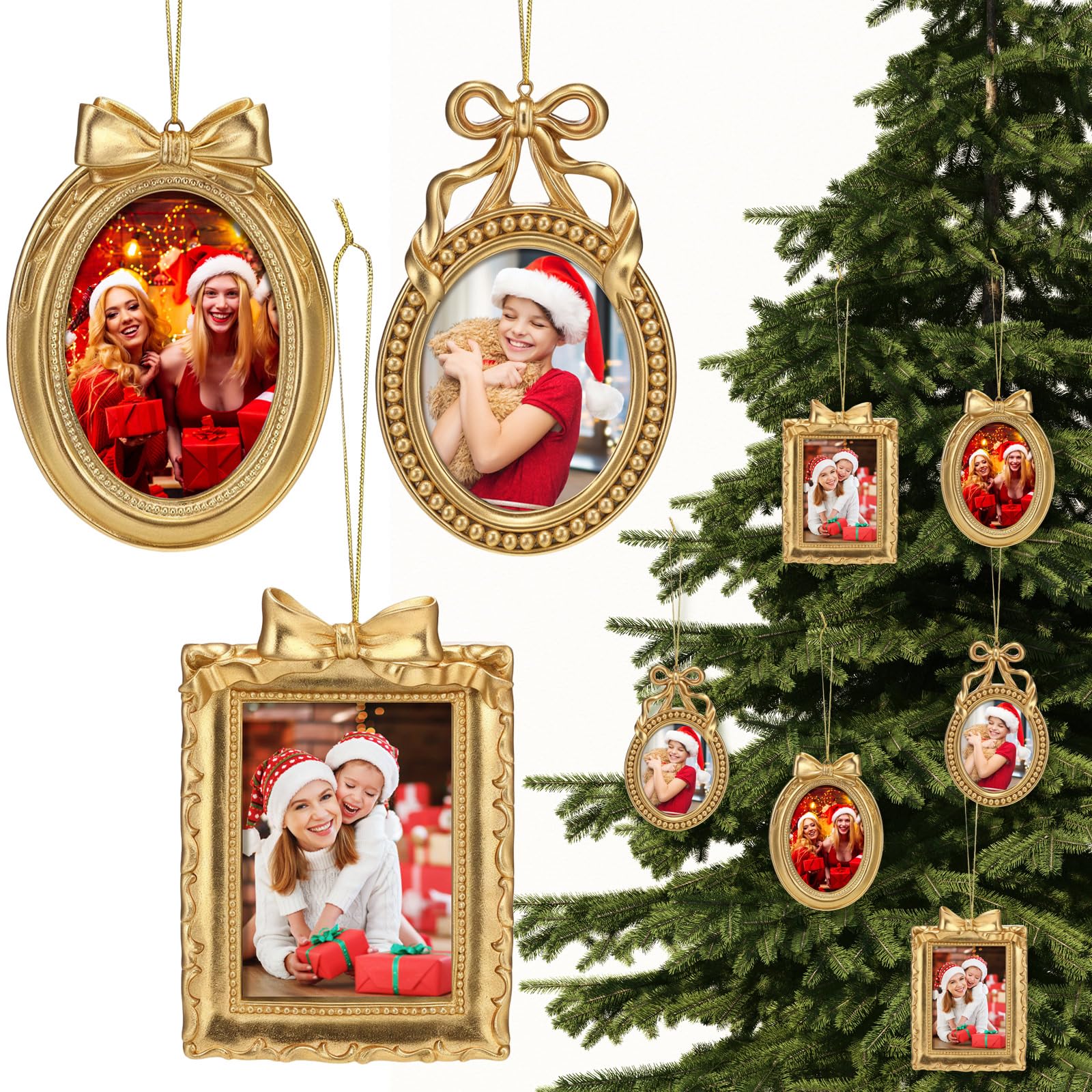 Photo 1 of *** 2 PCS ** 6 Pcs Vintage Picture Frame Ornaments for Tree Small Antique Baroque Ornate Gold Bow Photo Frame with Glass Front Resin Rectangle Oval Tabletop and Wall Hanging Room Gift for Christmas Holiday Decor