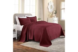 Superior 100% Cotton Basket Weave Bedspread with Shams, All-Season Premium Cotton Matelasse Jacquard Bedding, Quilted-Look Geometric Basket, King, Garnet