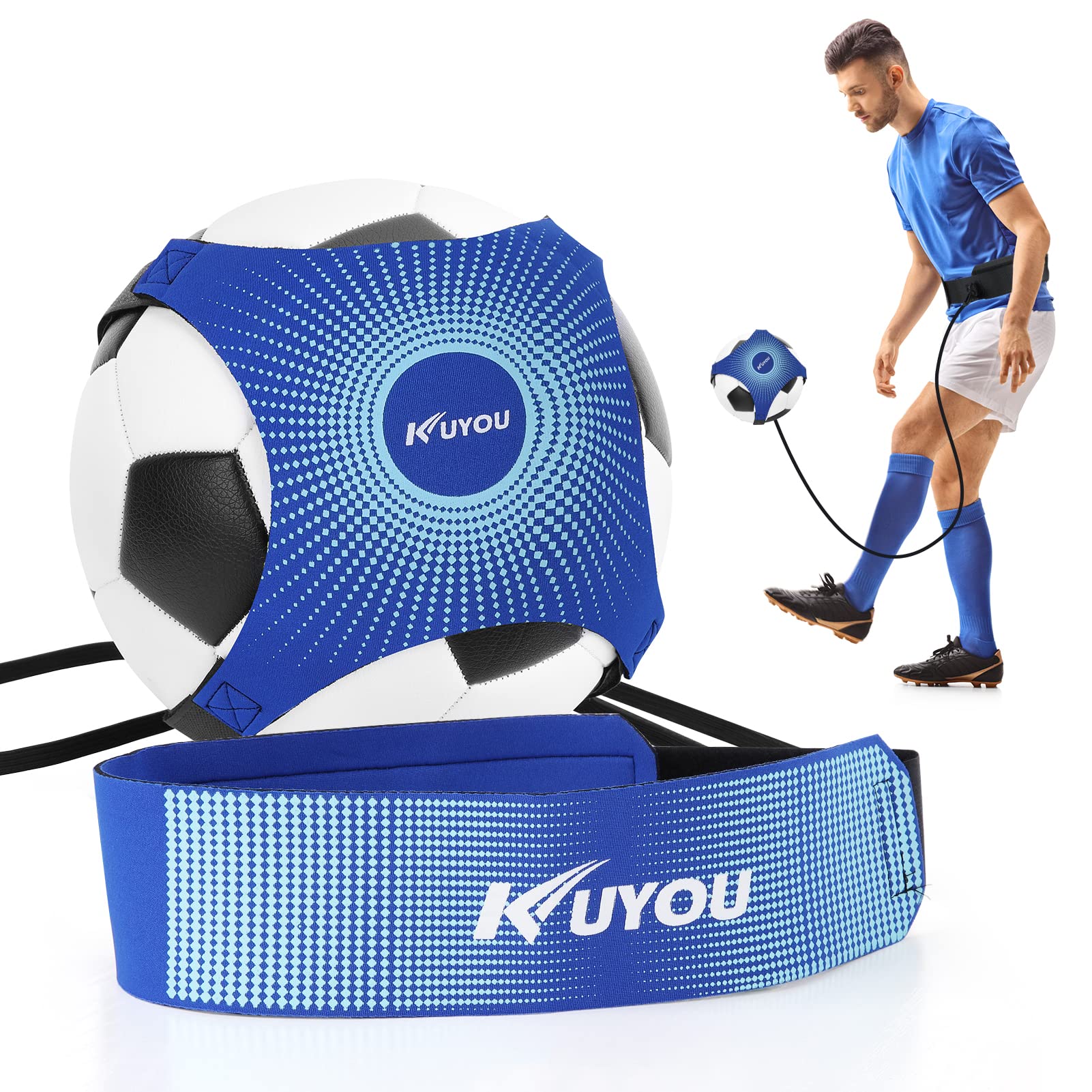 KUYOU Football Kick Trainer Soccer Training Aid for Kids Adults, Football Training Waist Belt Hands Free Solo Practice Training Equipment Fits Size 3,4,5 Footballs
