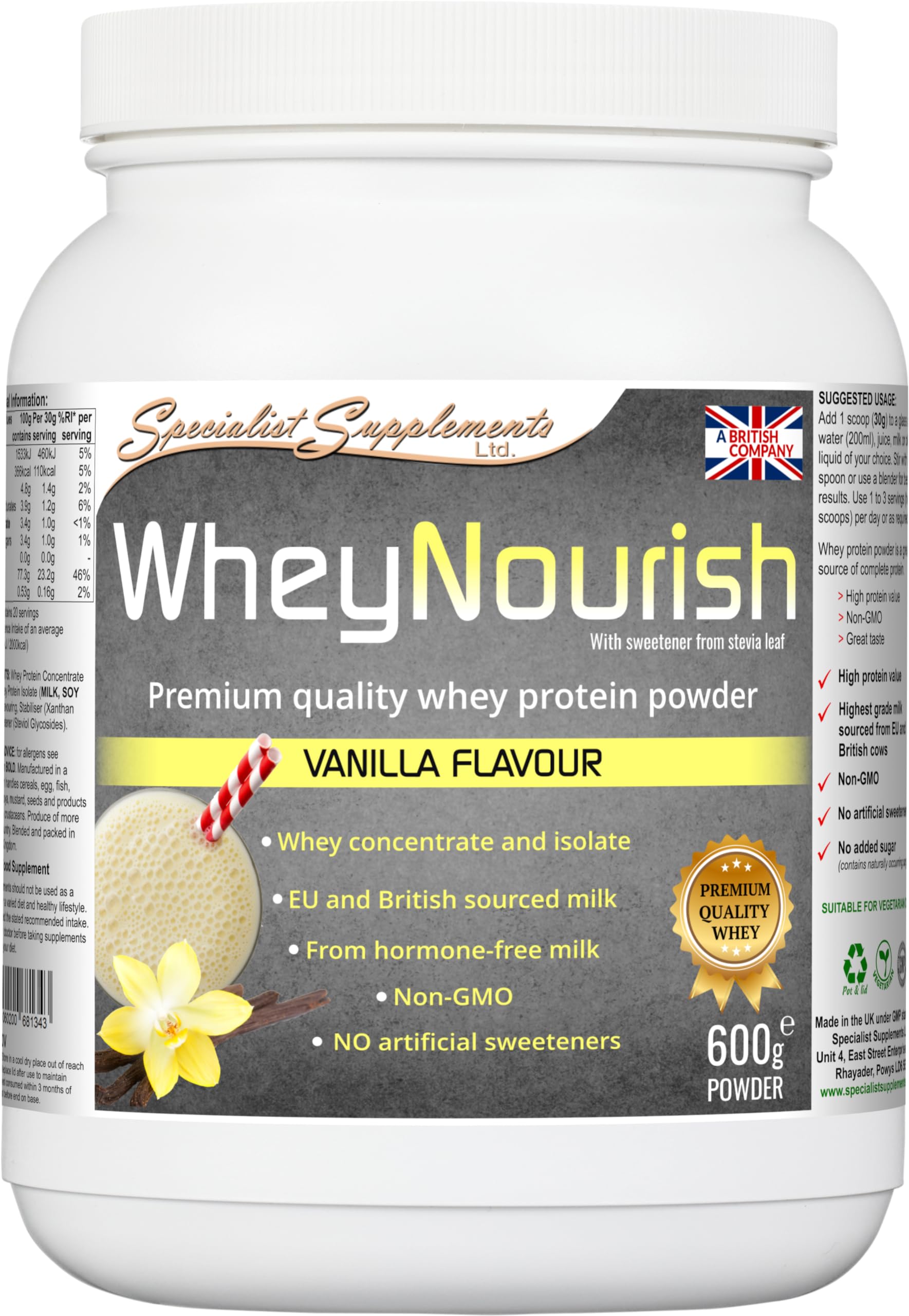 Specialist Supplements WheyNourish Vanilla Flavour Whey Protein Powder 600g