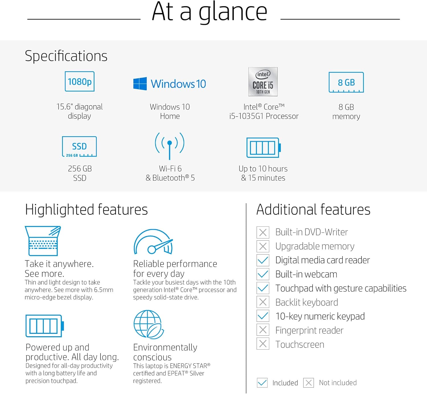 HP 15-dy1036nr 10th Gen Intel Core i5-1035G1, 15.6-Inch FHD Laptop, Natural Silver: Computers & Accessories