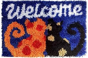 KITSMASTER Welcome Cats Latch Hook Kit – Cozy Feline Doormat | Cat Lover's DIY Latch Hook Kit with Pre-Printed Canvas, Yarn & Tool- DIY Craft for Home Decor 23.6''x15.8'' (Welcome Cats)