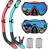 Snorkeling Gear for Adults, Adult Snorkel Mask Set Scuba Diving Dry-Top, Swimming Goggles w/Nose Cover, HD Tempered Glass Panoramic Anti-Leak Anti-Fog, Travel Snorkeling Packages Storage Bag, 2 Pack