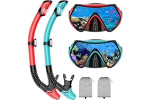 JWINTEE Snorkeling Gear for Adults, Adult Snorkel Mask Set Scuba Diving Dry-Top, Swimming Goggles w/Nose Cover, HD Tempered Glass Panoramic Anti-Leak Anti-Fog, Travel Snorkeling Packages Storage Bag, 2 Pack