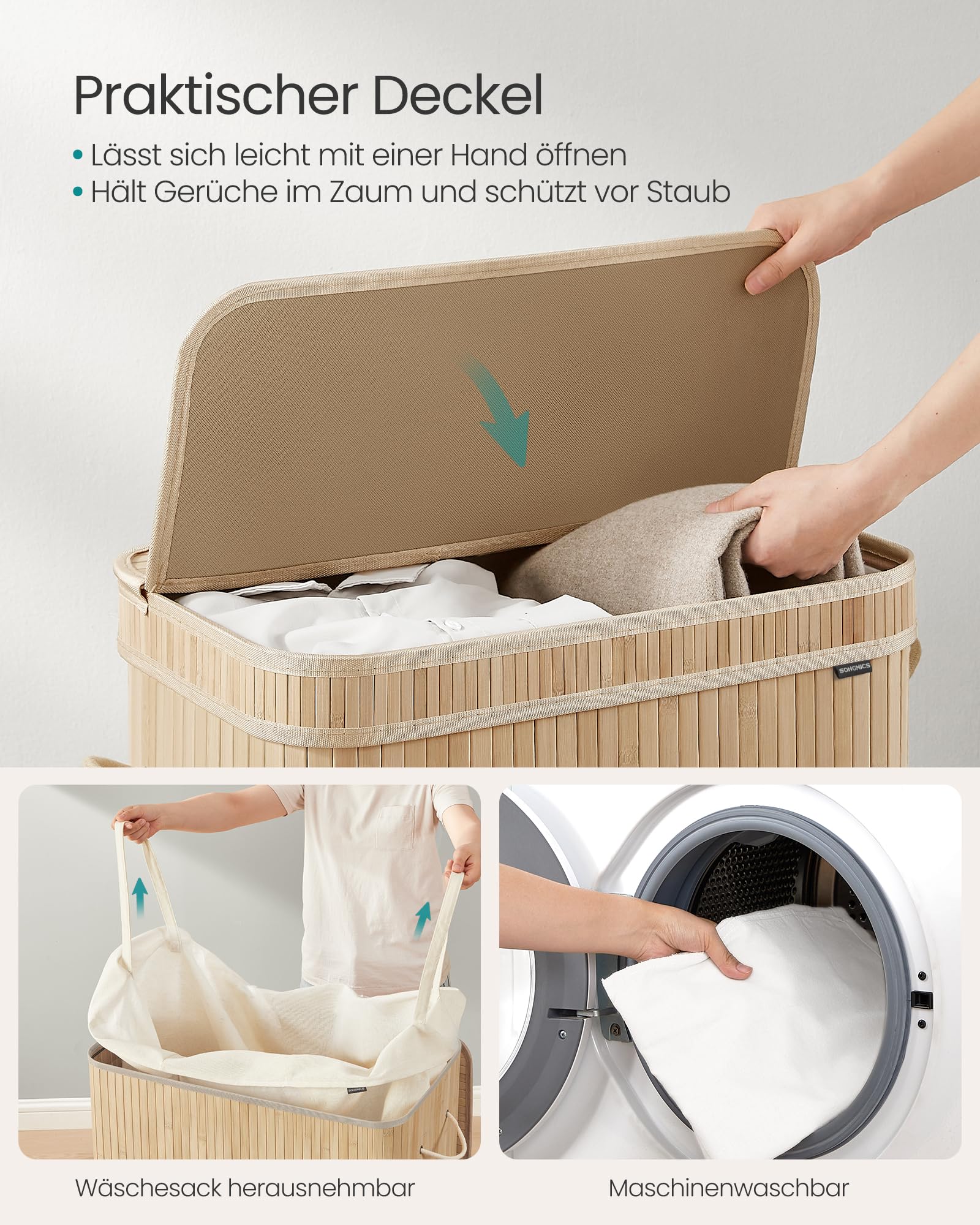 SONGMICS Wäschekorb mit Deckel, Wäschesammler Bambus, Wäschesack herausnehmbar und maschinenwaschbar, mit Griffen, 100 Liter, für Waschküche, Schlafzimmer, Wohnzimmer, naturbeige LCB063N01 3