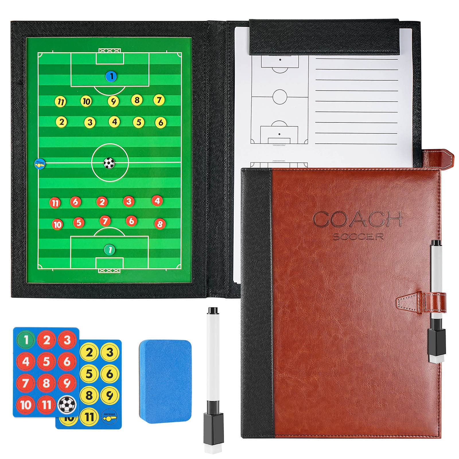 LaceDaisy Foldable Football Magnetic Tactic Coaching Board Soccer Magnetic Coach Board Folder, Marker Pen and Magnets - Portable Tactic Board Strategy Clipboard Kit[48cm x 32cm]