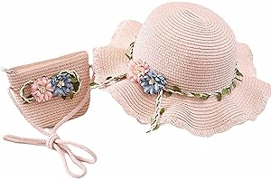 Girls Straw Hat Purse Bag Set: Brim Flowers Summer Beach Sun Hat, Foldable Hats, Princess Shoulder Crossbody Bag for Gift