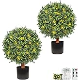 26" Artificial Boxwood Topiary Trees - 19.7" W Large Faux Plants Outdoor for Front Porch Decor, UV-Resistant Potted Shrubs with LED Lights, Realistic Fake Greenery Balls for Patio Entrance, Set of 2