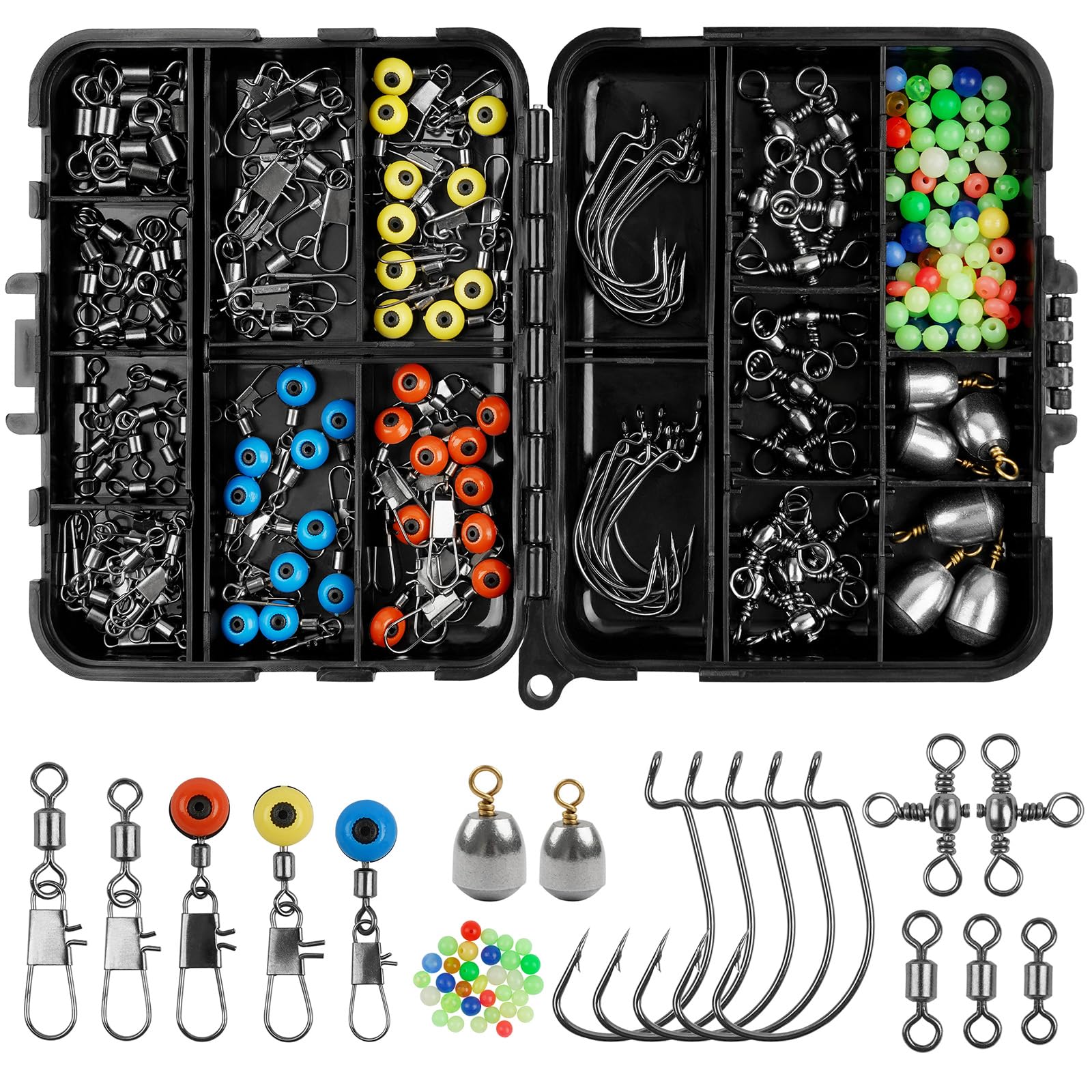 JSHANMEI 160pcs/box Fishing Accessories Kit, Including Jig Worm Hooks, Iron-Weights, Rolling Barrel Fishing Swivels Snaps, Sinker Slides, Fishing Line Beads, Fishing Gear Set with Tackle Box