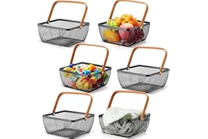 SUNNYCHICC 6 Pcs Metal Mesh Steel Basket with Handle Small Shopping Baskets Square Wire Harvest Storage Basket for Kitchen Storage Garden Picnic Bathroom Organizing, 8.46 x 8.46 x 4.13 Inch(Black)