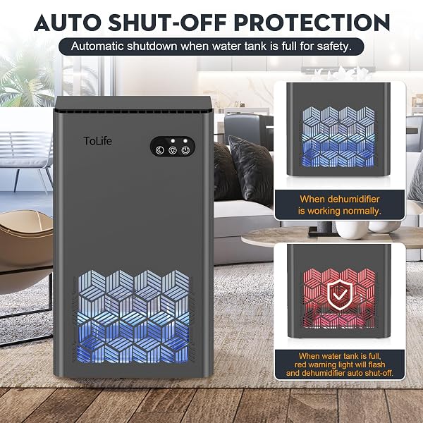 TOLIFE DEHUMIDIFIER FOR HOME 95 OZ WATER TANK, 1000 SQ.FT DEHUMIDIFIERS FOR BASEMENT BEDROOM BATHROOM WITH AUTO SHUT OFF 7 COLORS LED LIGHT, GREY