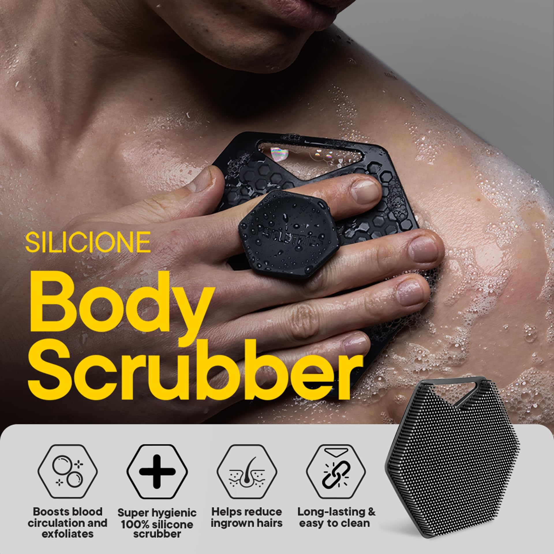TOOLETRIES Body Scrubber 2.0 – Premium Silicone Scrubber for Cleaning, Exfoliating Your Skin – Extra Long Lather Boosting Bristles with Ergonomic Handle, Long-Lasting & Easy to Clean - Charcoal
