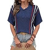 Dokotoo Summer Sweaters for Women 2026 Casual Button Up Polo Collar Short Sleeve Striped Boho Tops Crochet Knit Shirts