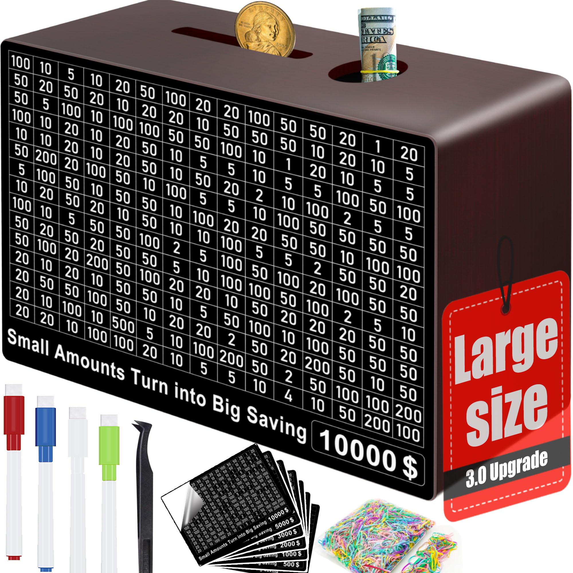 Photo 1 of 10000 Savings Challenge Box, Money Saving Box 10,000 Savings Box Cash Vault Wooden Money Box for Cash 10,000 $5000 $3000 Target 10k Saving Challenge Box Reusable Counter Bank (Brown?Larger?)