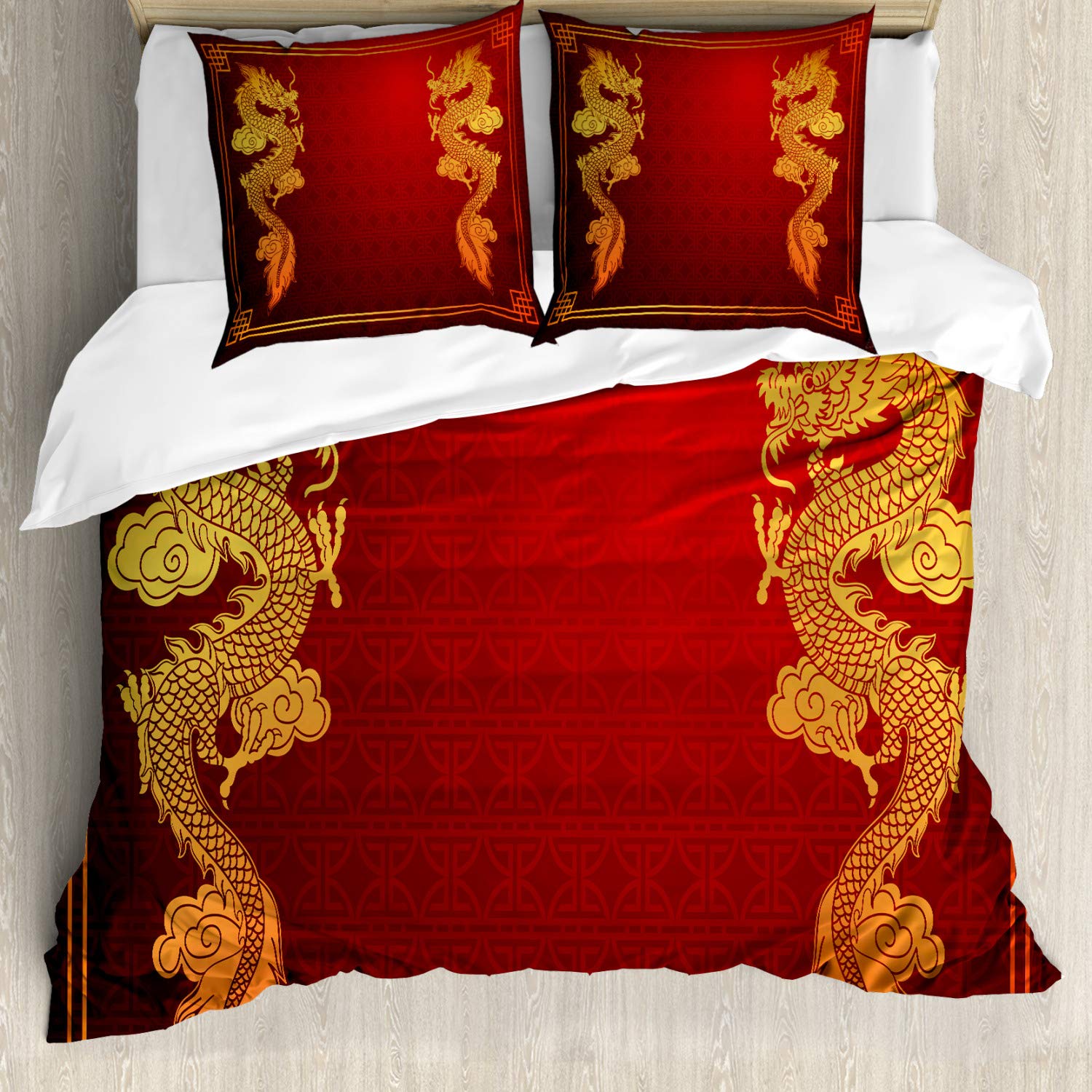 ABAKUHAUS Dragon Duvet Cover Set, Chinese Heritage Historical Eastern Motif Creature Design, Bedding Set 3 Pieces with 2 Pillow Shams, 200 cm x 200 cm, Orange Yellow — image 1