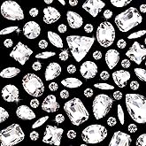 Hzopcw 50pcs Sew on Rhinestones, Mixed Shapes Sew on Glass Crystal Gems, Flatback Rhinestones Jewels Craft Embellishments with Single Claw for Decorating Garments Shoes Handbags Necklaces-White